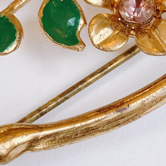 Vintage 1940s Brooch Wishbone Floral Rhinestone Enamel Mid Century Gold Tone Pin - Picture 6 of 10